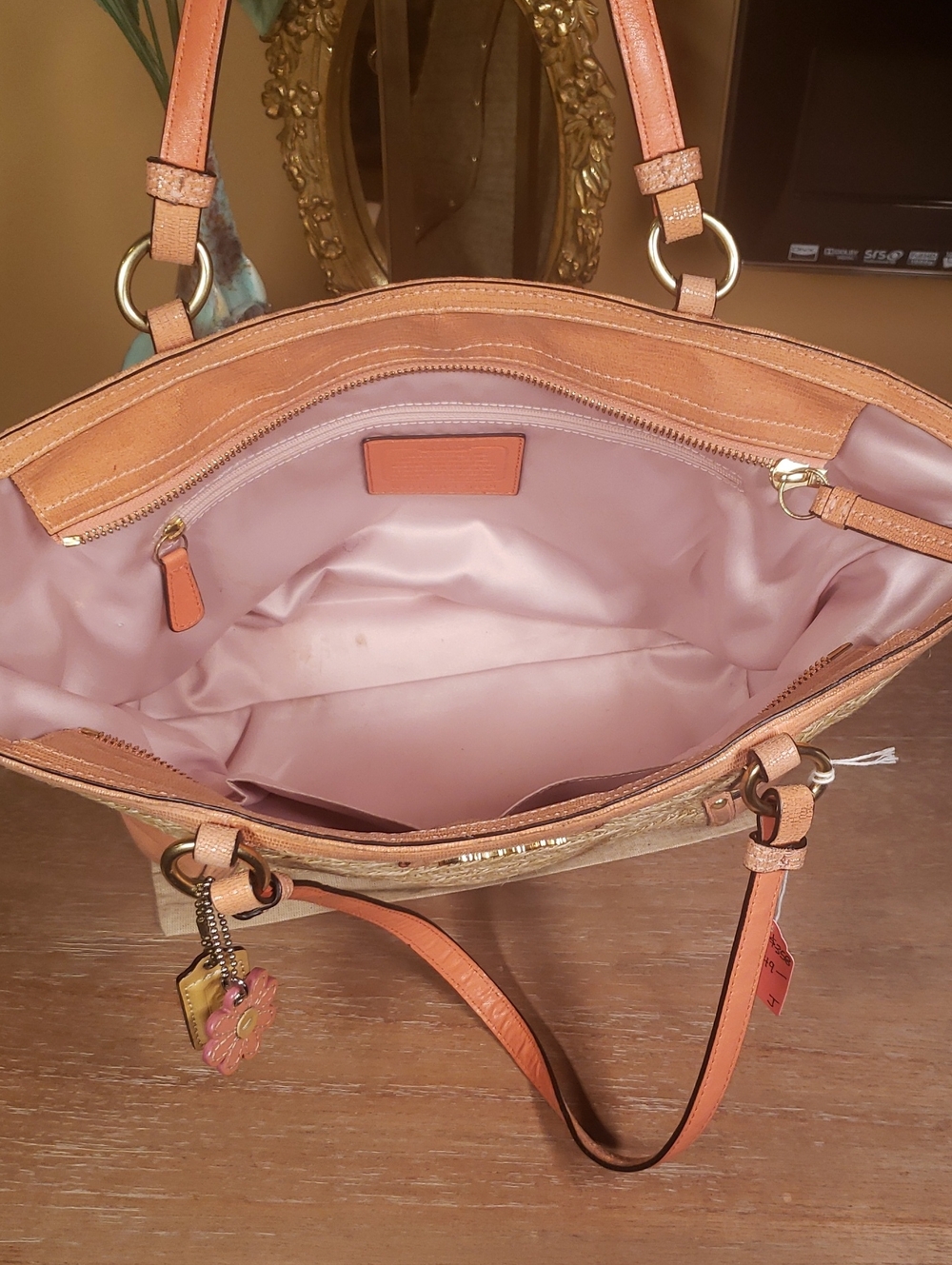 Coach Alexandra Straw Studded Tote Coral Leather w/ Flower Charm (Retail $398) - Picture 10 of 15